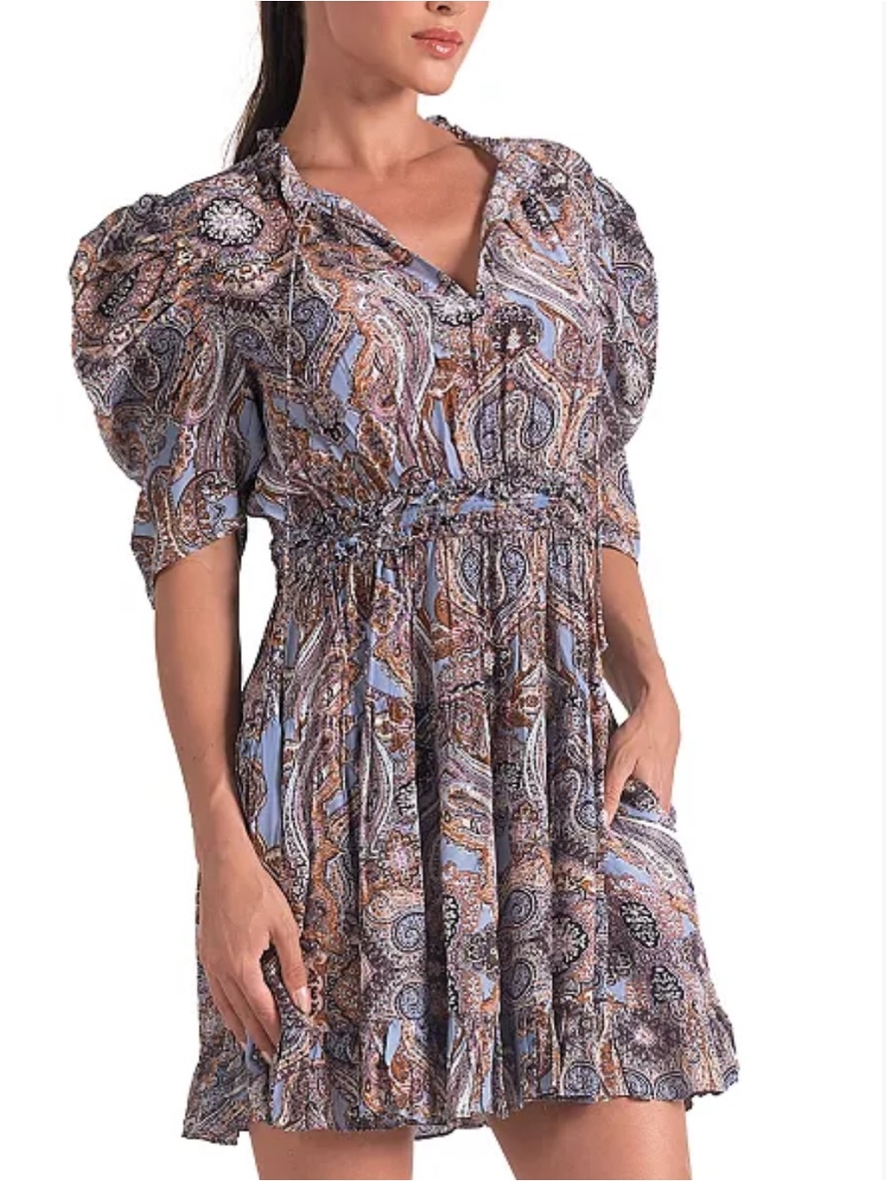 Elan Women's Paisley-Print Chiffon Puff-Sleeve Mini Dress
